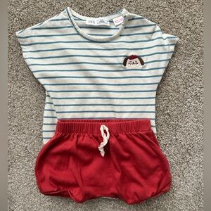 Zara Blue and White Striped Onesie with Red Bloomer shorts